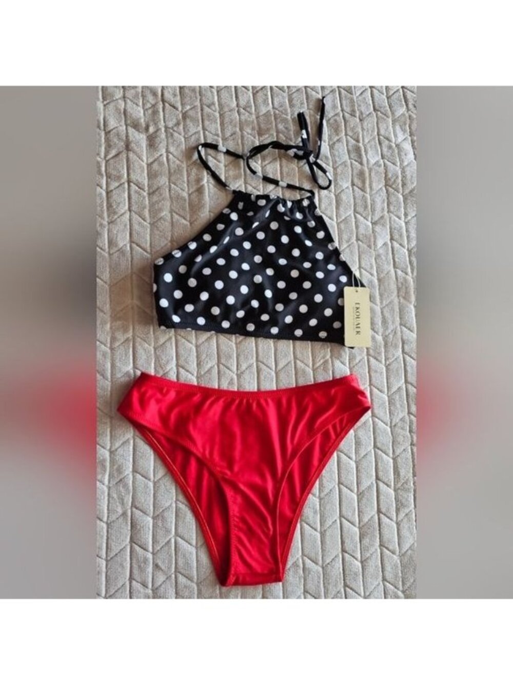 55.🆕Small Halter Top Low Waisted Bottom & Extra High Waist Polka Dot Bottom - Picture 2 of 11
